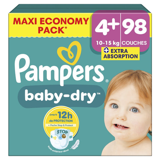 Couches Bébés Baby-Dry 10-15kg Taille 4+ PAMPERS le paquet de 98 couches