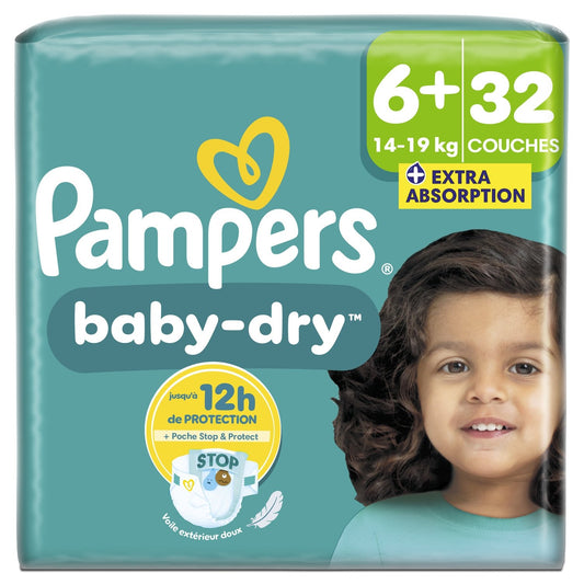 Couches Bébés Baby-Dry 14-19kg Taille 6+ PAMPERS le paquet de 32 couches bébés