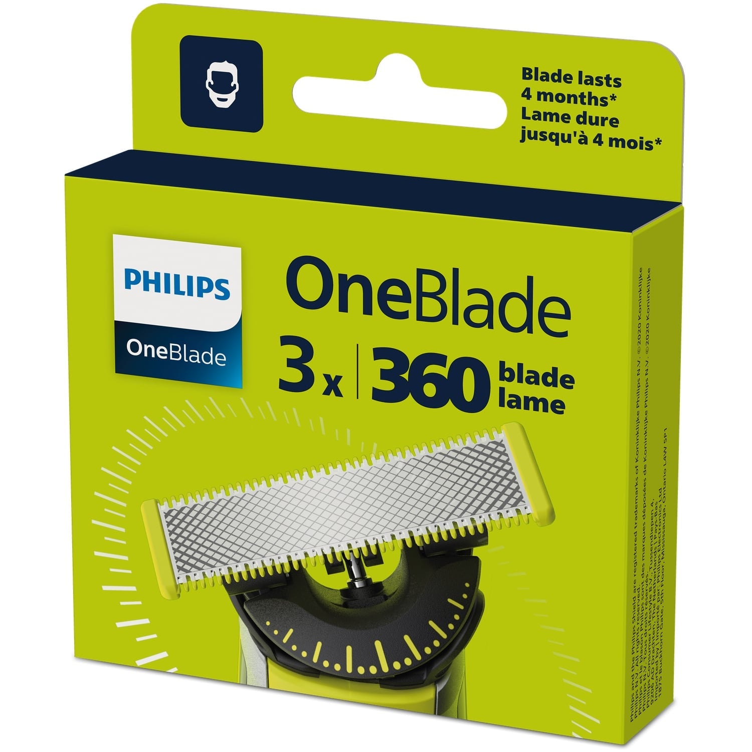 Lame de rasoir Pour Homme OneBlade 3 Lames 360 Lame Dure Jusqu'à 4 Mois PHILIPS 