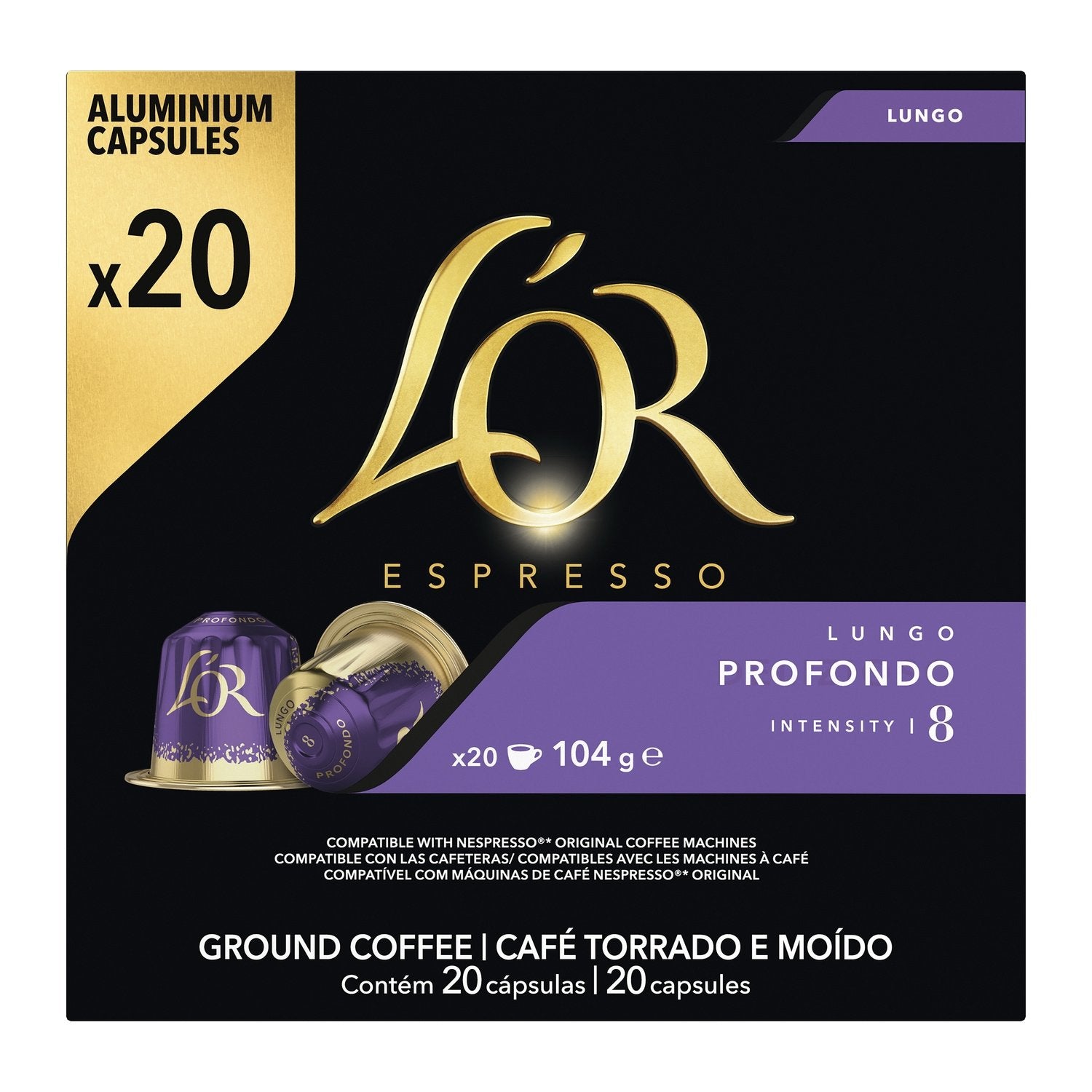 Café Capsules Lungo Profondo Intensité 8 Compatible Nespresso L'OR la boite de 20 capsules