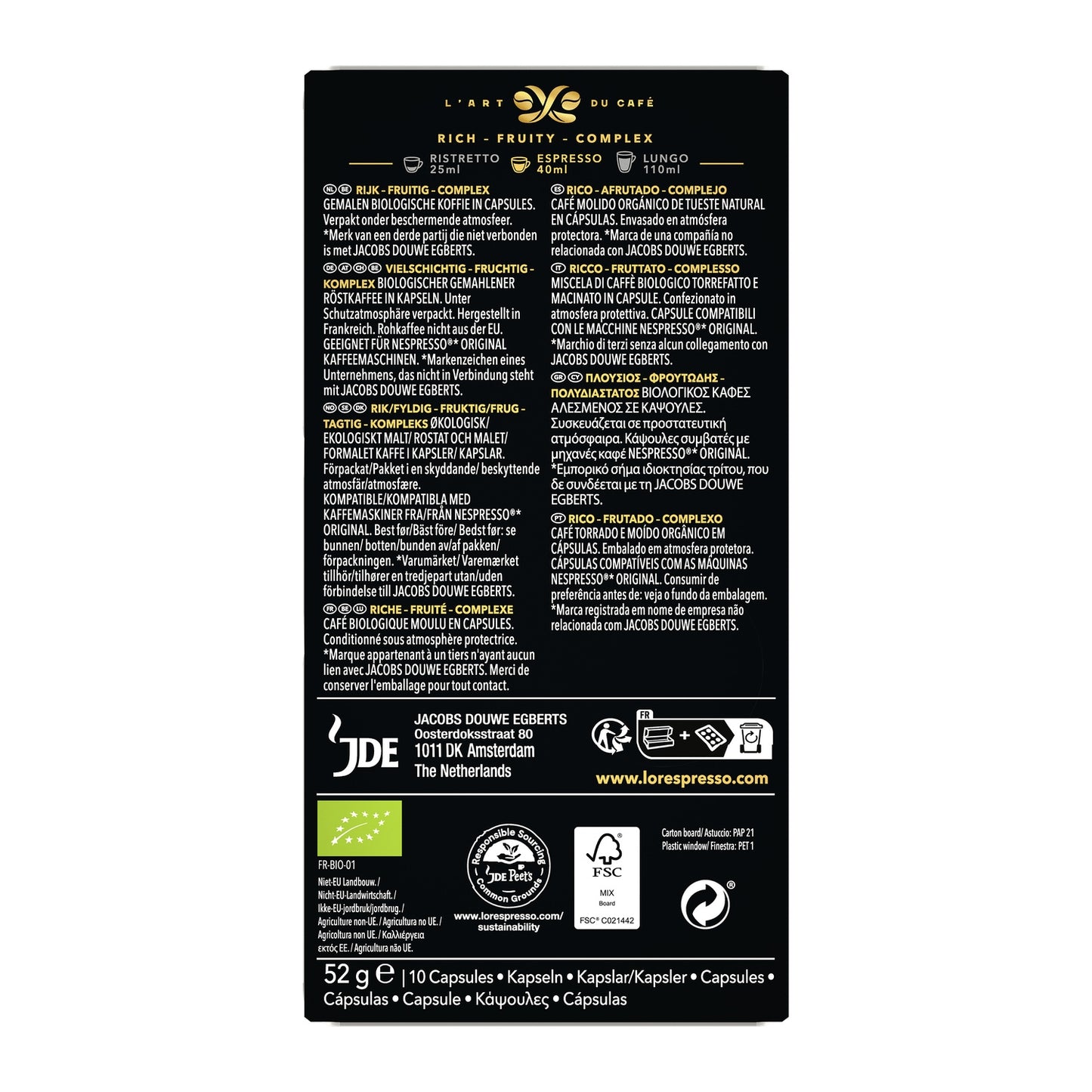 Organic Coffee Capsules Intensity 9 Compatible with Nespresso L'OR