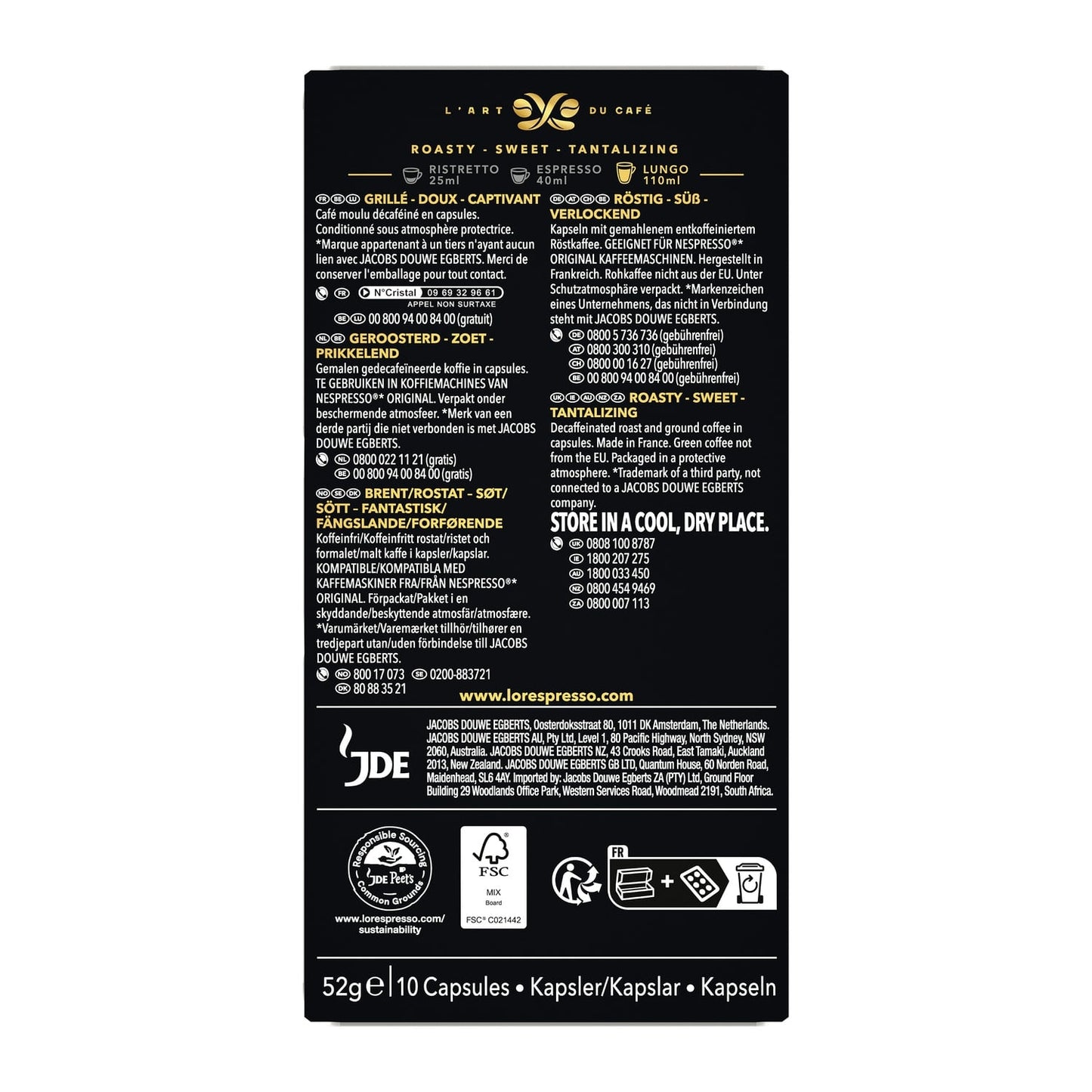 Café Capsules Lungo Profondo Decaffeinato Intensité 8 Compatibles Nespresso® L'OR 