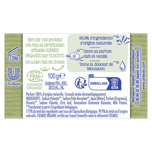 Savon Hydratant Senteur Lait de Vanille Bio MONSAVON