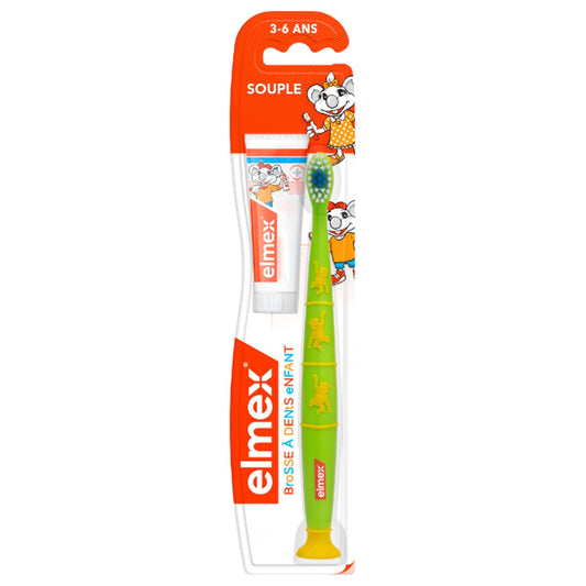 Brosse à Dents Souple Enfant 3-6 Ans Anti-Caries ELMEX le lot de 2 brosses à dents + 1 dentifrice