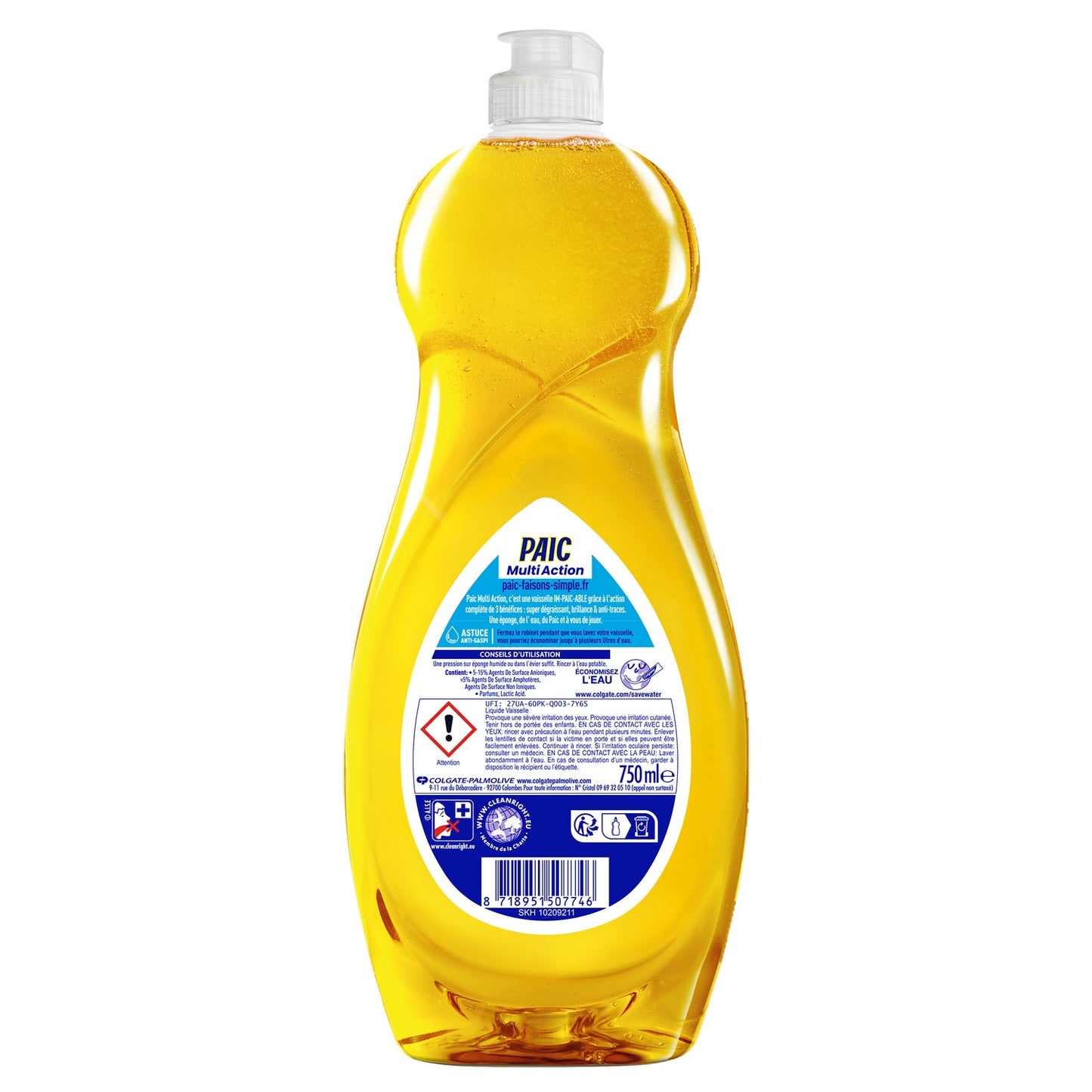 Liquide Vaisselle Fraîcheur Agrumes Multi-Action Super Dégraissant Brillance et Anti-Traces PAIC