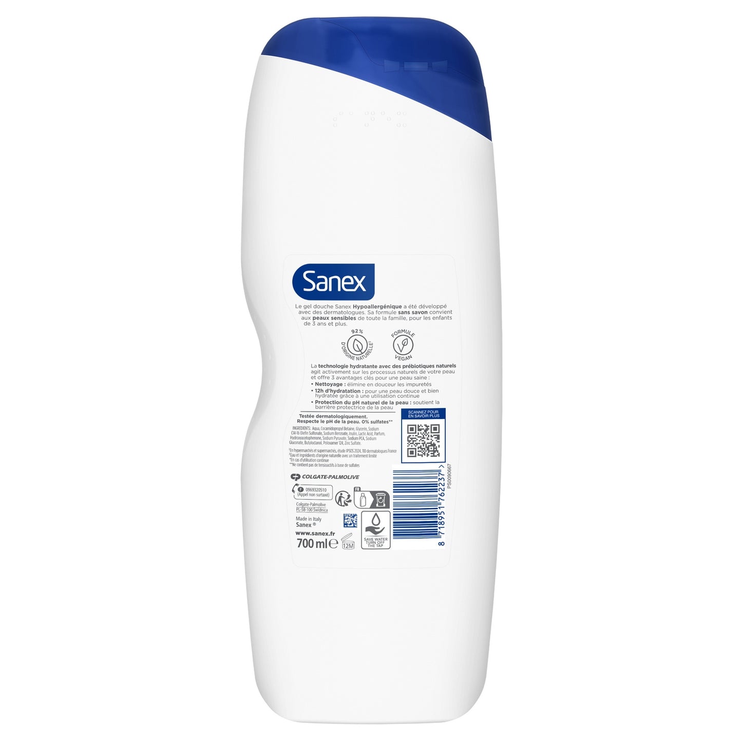 Gel douche Peaux Sensibles Hypoallergénique Sans Savon Sans Colorants Hydratant 12h Derma Care SANEX 