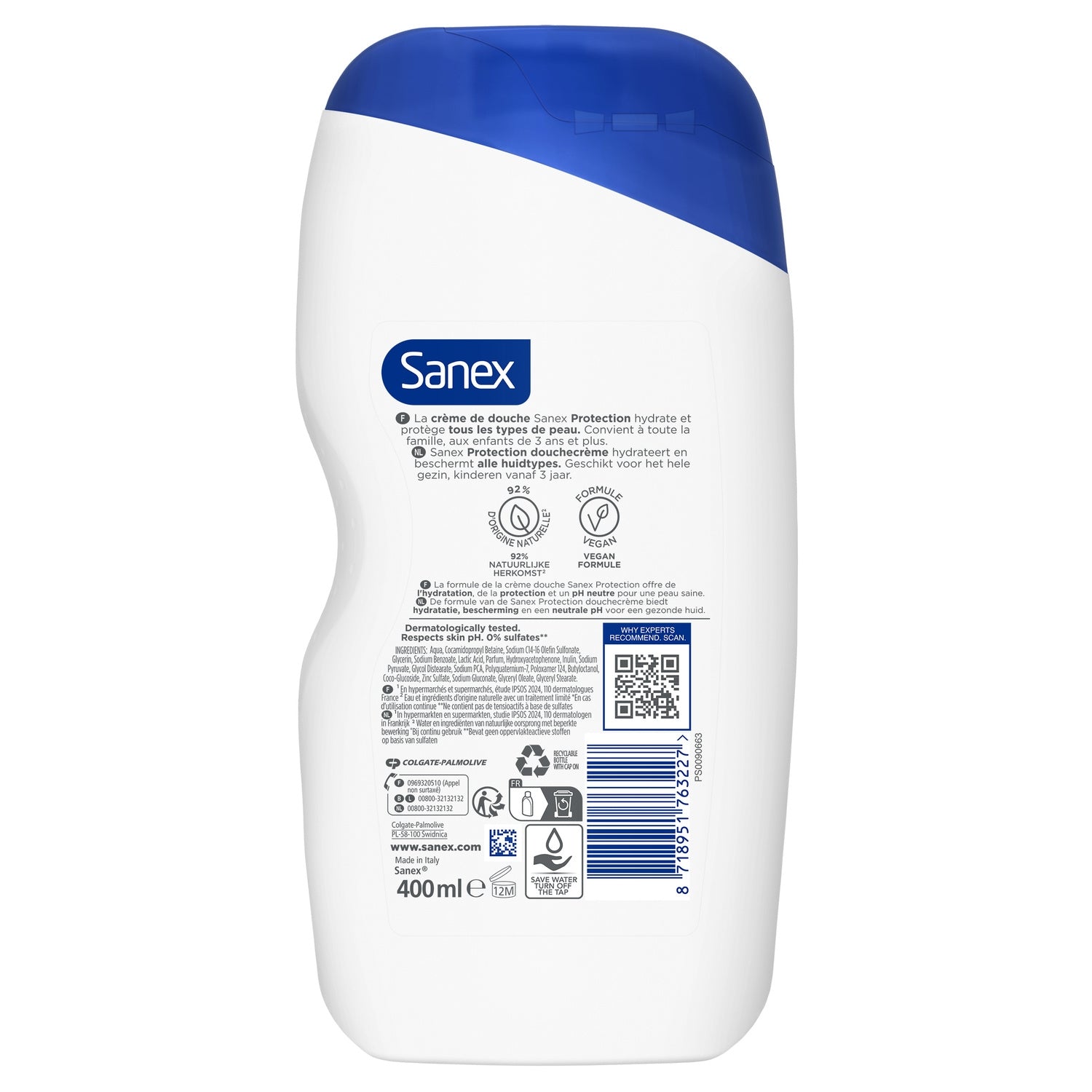 Crème de douche Tous Types de Peau Hydratante Protectrice pH Neutre Protection SANEX 