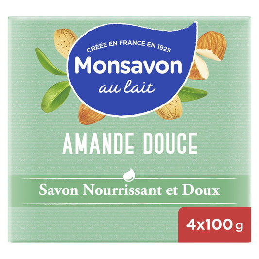 Savon Solide à l'Amande Douce MONSAVON le lot de 4 savons de 100g