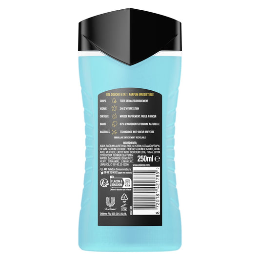 Gel Douche Homme Corps Visage Cheveux Barbe Aisselles Fraîcheur Glaciale Ice Chill AXE