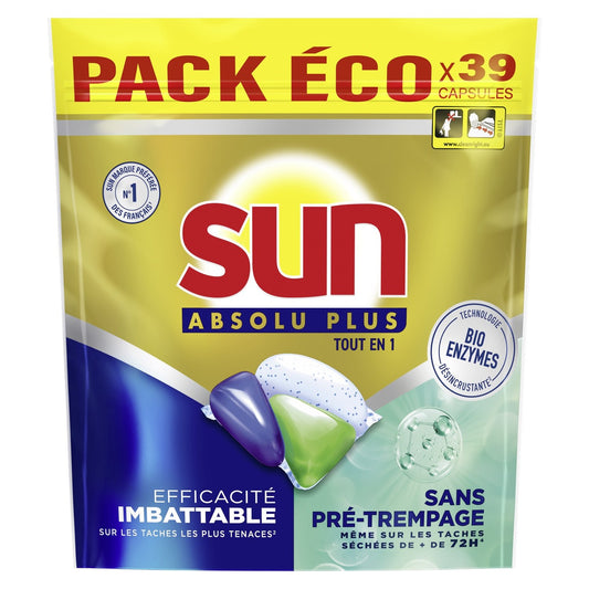 Tablettes Lave-Vaisselle Bio-Enzymes Tout en 1 Absolu SUN le pack de 39 capsules