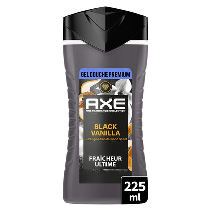 Gel douche Homme Hydratant Parfum Frais Apaisant Vanille Orange Bois de Santal Huile Essentielle d'Orange Premium Black Vanilla AXE 