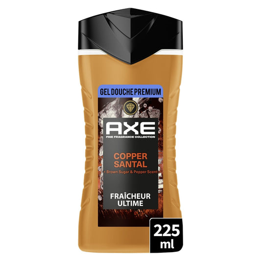 Gel Douche Homme Corps Parfum aux Huiles Essentielles Bois de Santal Miel et Poivre Premium Copper Santal AXE le flacon de 225mL