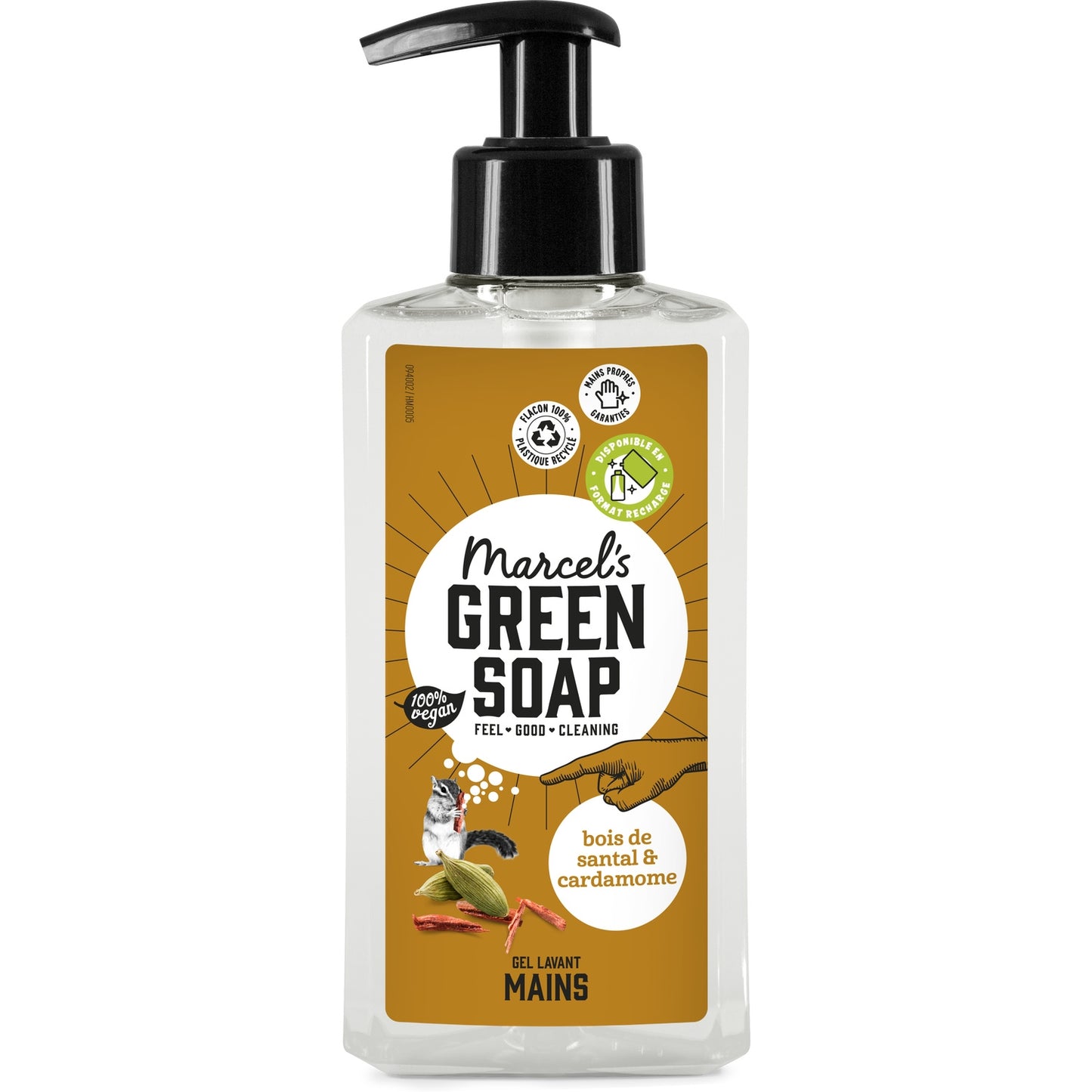 Gel Lavant Mains Bois De Santal Cardamome Flacon Recyclé Rechargeable MARCEL'S GREEN SOAP 