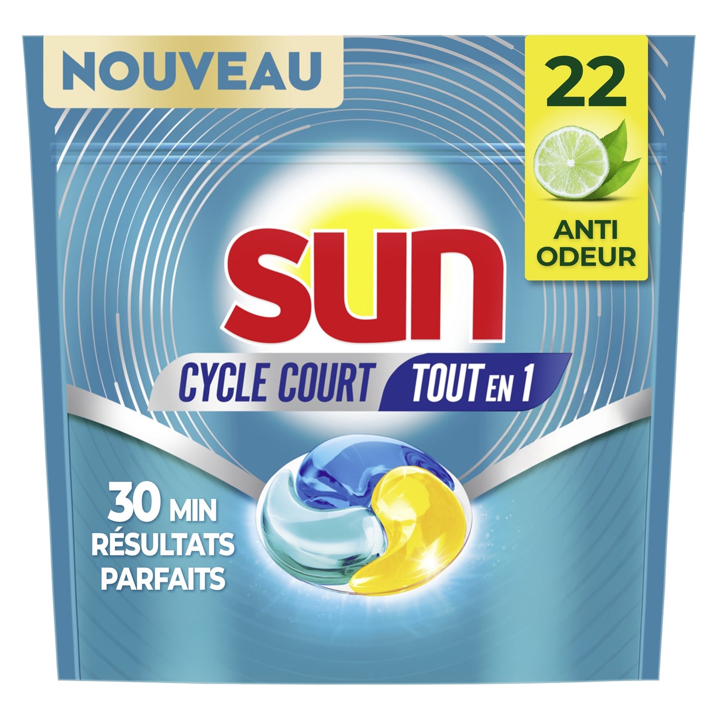 Capsules pour Lave-Vaisselle Tout en 1 Anti Odeurs - Cycle Court SUN 