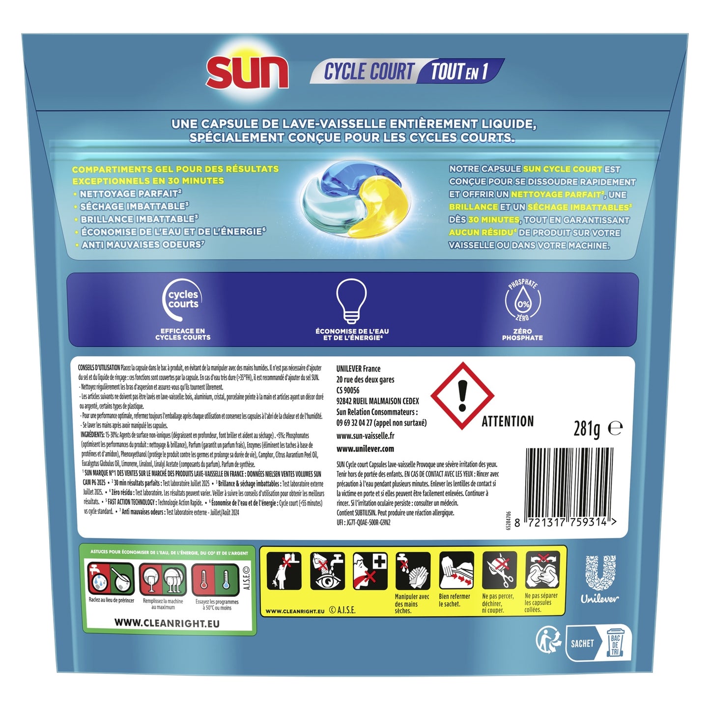 Capsules pour Lave-Vaisselle Tout en 1 Anti Odeurs - Cycle Court SUN 