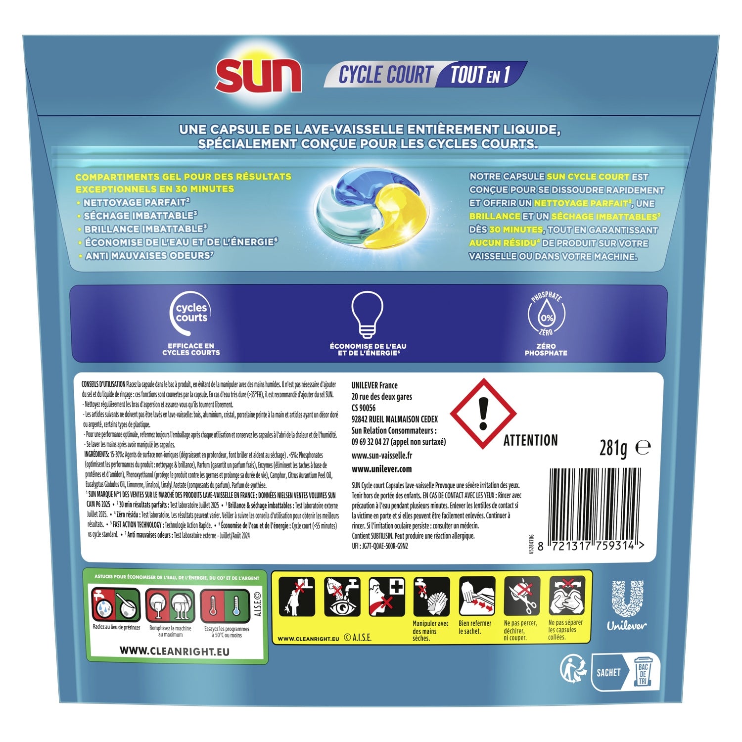 Capsules pour Lave-Vaisselle Tout en 1 Anti Odeurs - Cycle Court SUN 