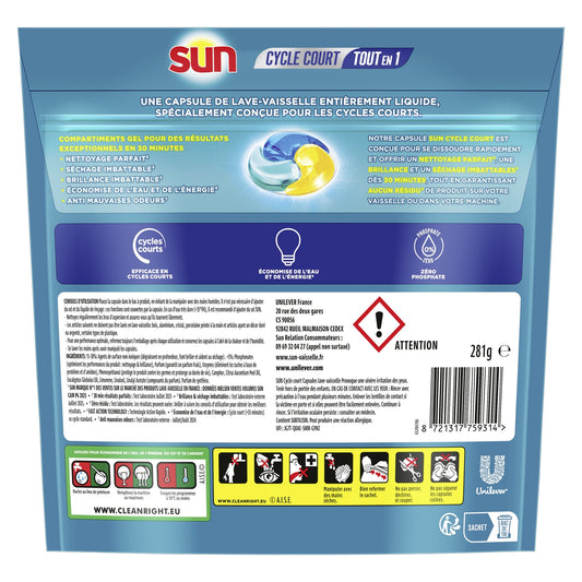 Capsules pour Lave-Vaisselle Tout en 1 Anti Odeurs - Cycle Court SUN 
