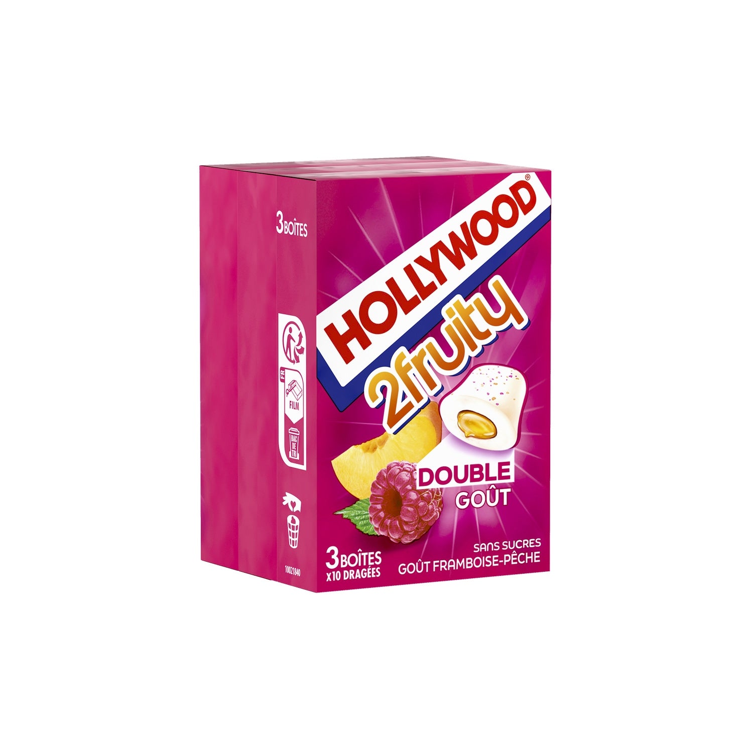 Chewing gum 2 fruity framboise pêche sans sucres HOLLYWOOD 