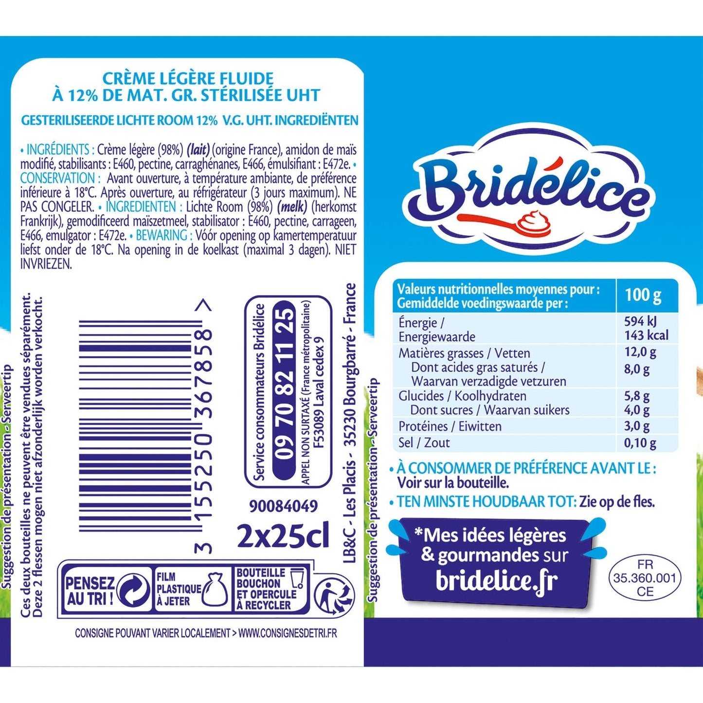 Crème UHT fluide légère 12% MG BRIDELICE 