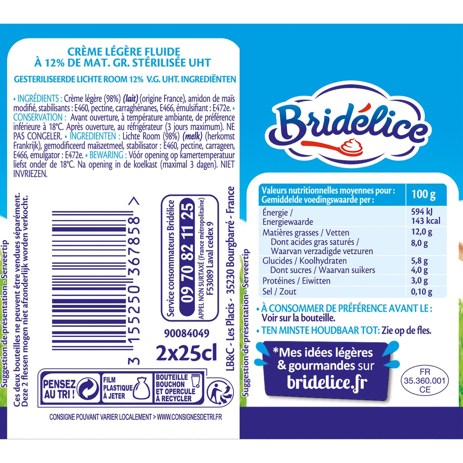 Crème UHT fluide légère 12% MG BRIDELICE 