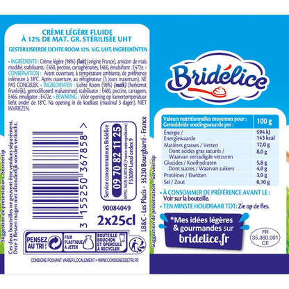 Crème UHT fluide légère 12% MG BRIDELICE 