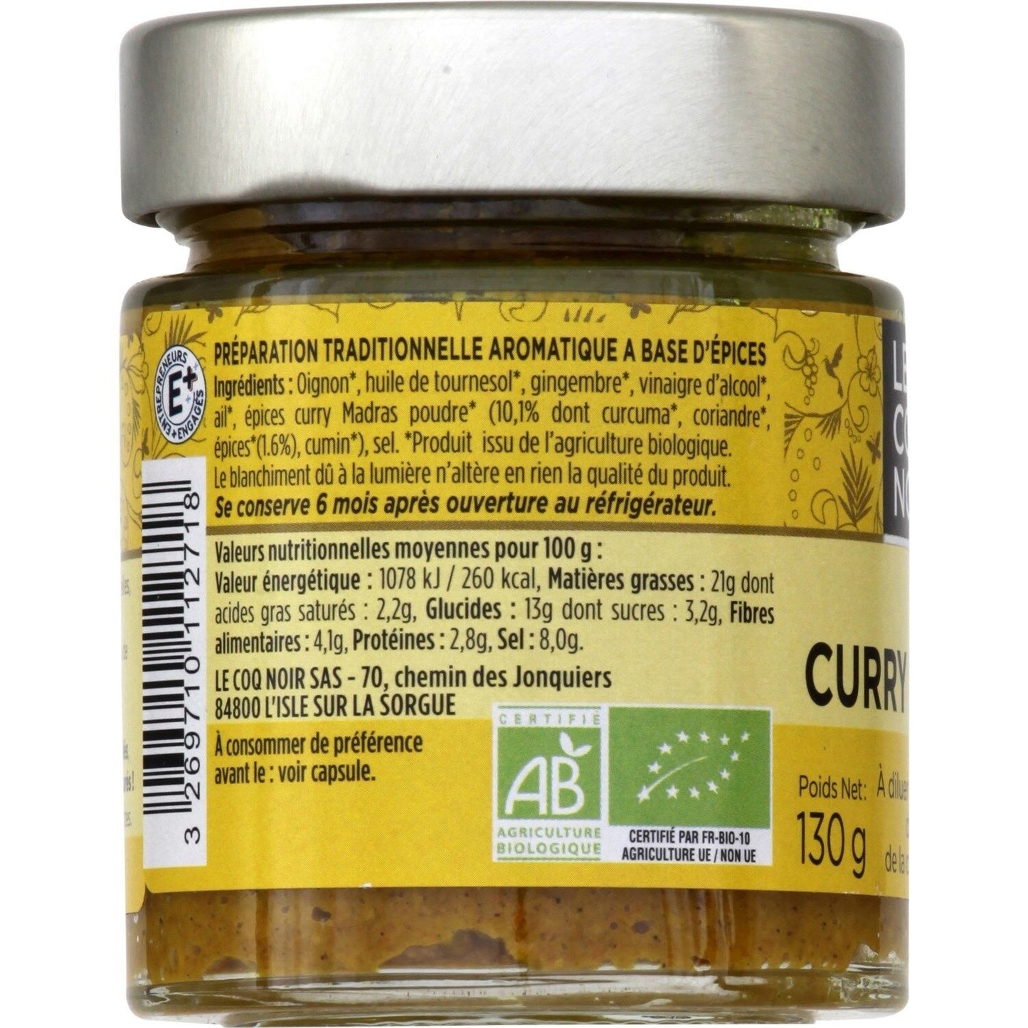 Fonds de Sauce Bio Pâte de Curry Madras LE COQ NOIR