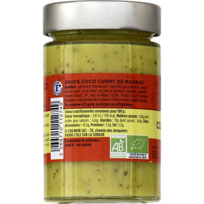 Organic Coconut Curry Sauce Very Mild LE COQ NOIR