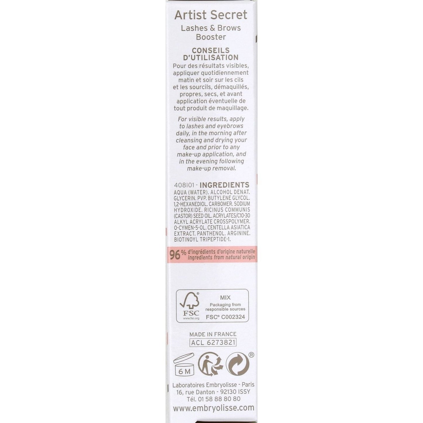 Mascara cils et sourcils incolore EMBRYOLISSE 