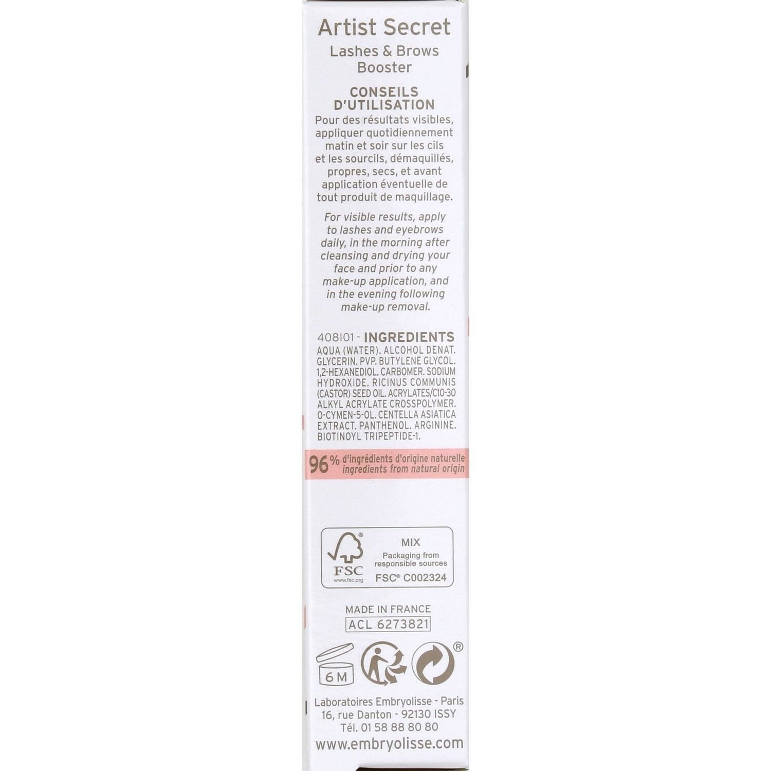 Mascara cils et sourcils incolore EMBRYOLISSE 
