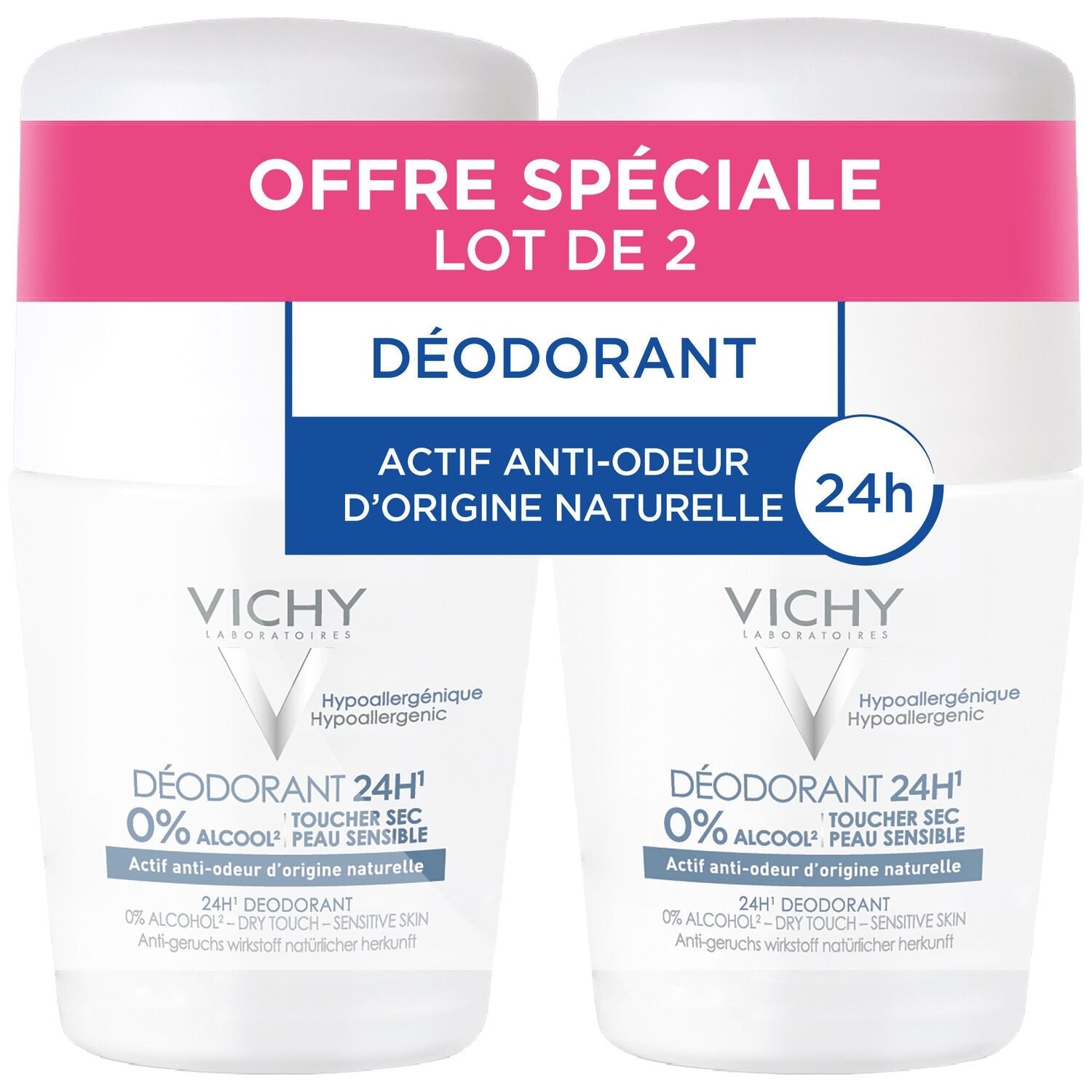 Déodorant Roll-On Femme Anti-Odeurs Efficacité 24h Toucher Sec Sans Sels d'Aluminium VICHY LABORATOIRES le lot de 2 roll-on