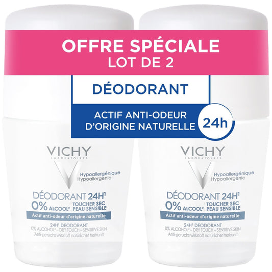 Déodorant Roll-On Femme Anti-Odeurs Efficacité 24h Toucher Sec Sans Sels d'Aluminium VICHY LABORATOIRES le lot de 2 roll-on