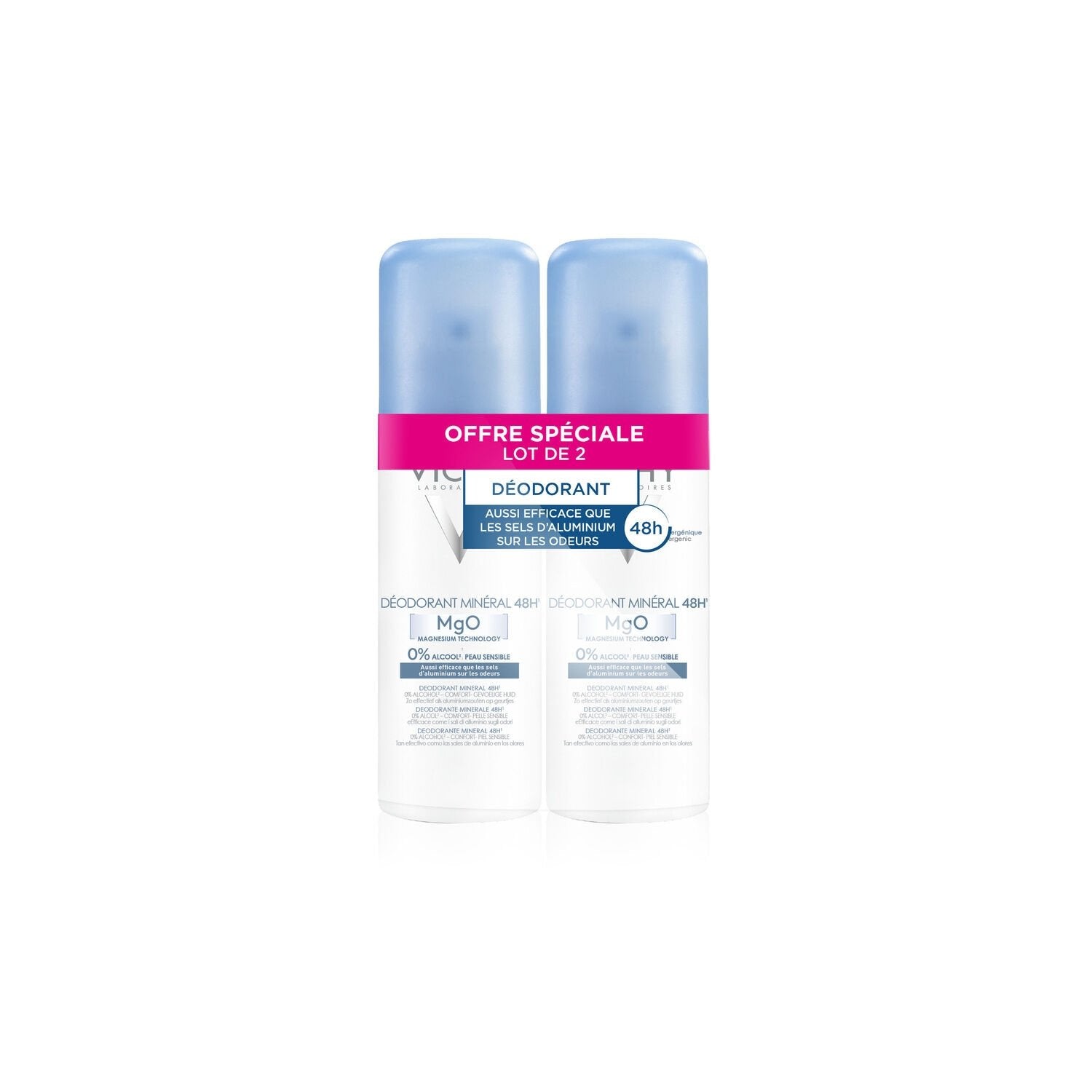 Déodorant Stick Femme Minéral Anti-Odeurs 48h Sans Alcool VICHY LABORATOIRES le lot de 2 flacons de 125mL
