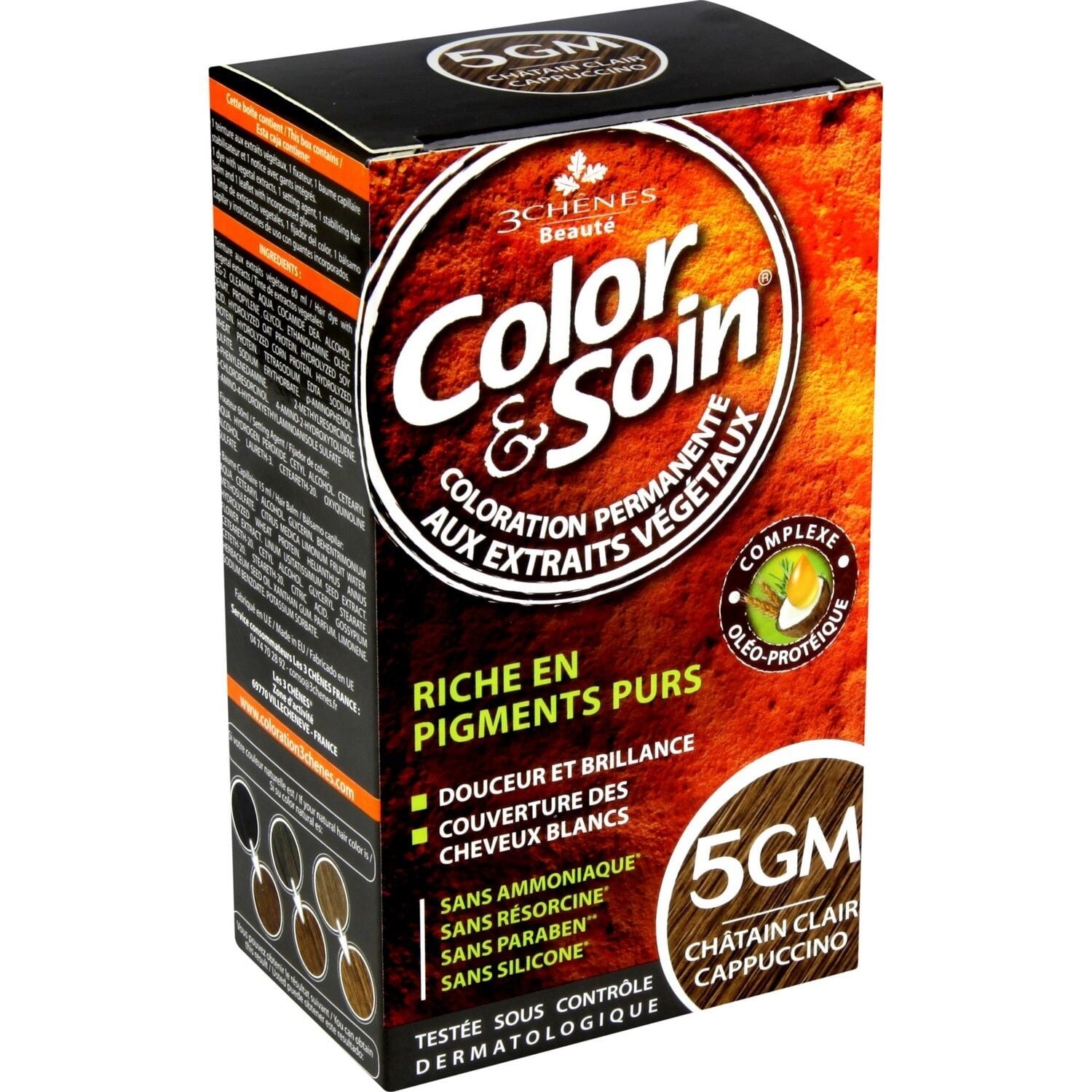 Coloration Permanente 5GM Châtain Clair Cappuccino Sans Ammoniaque Color et Soin 3 CHENES 