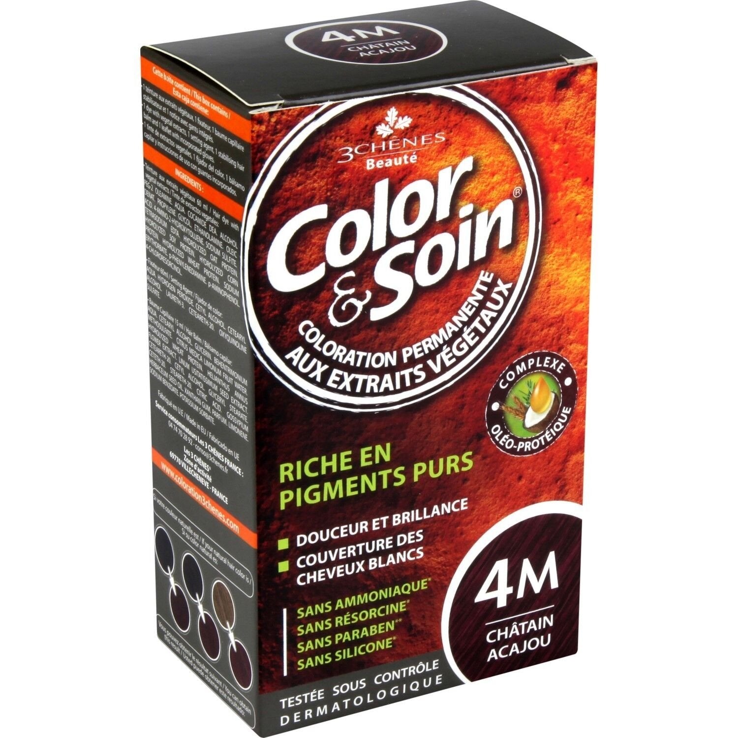 Coloration Permanente 4m Châtain Acajou Sans Ammoniaque Color et Soin 3 CHENES la boite