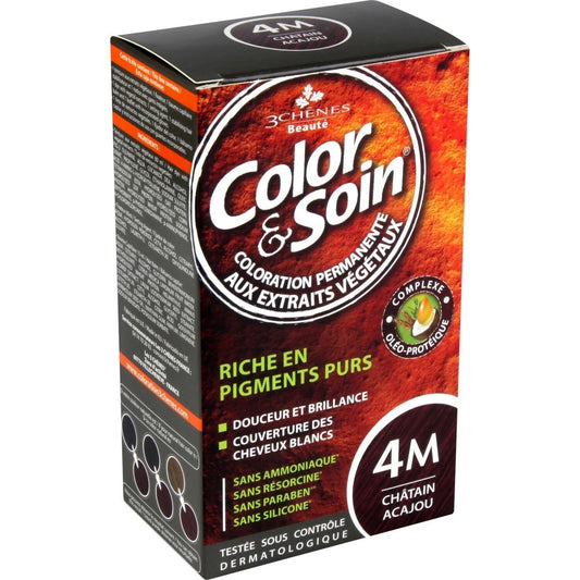 Coloration Permanente 4m Châtain Acajou Sans Ammoniaque Color et Soin 3 CHENES la boite