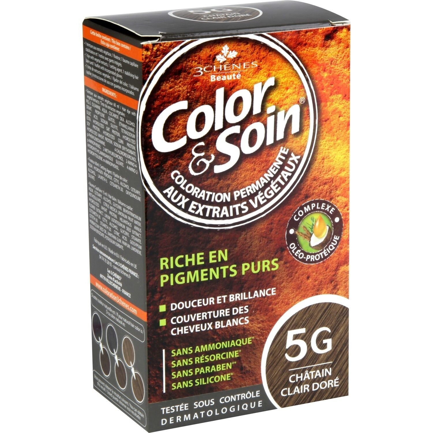Coloration Permanente 5G Châtain Clair Doré Sans Ammoniaque Color et Soin 3 CHENES 