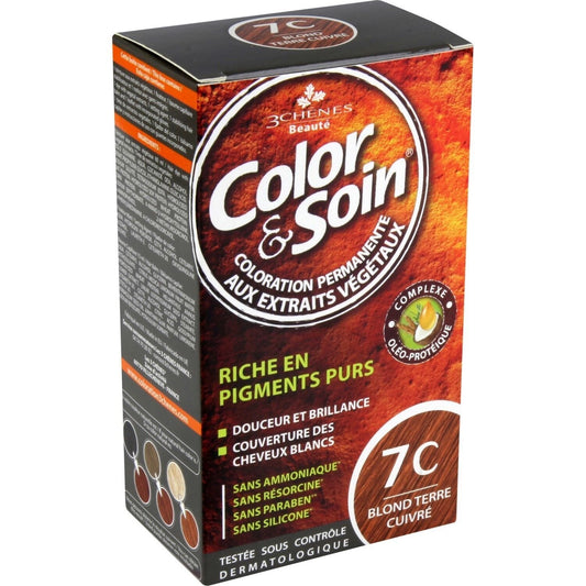 Coloration Permanente 7c Blond Terre Cuivré Sans Ammoniaque Color et Soin 3 CHENES la boite