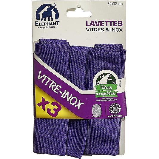 Lavette Vitre et Inox  X3 ELEPHANT le lot de 3 lavettes
