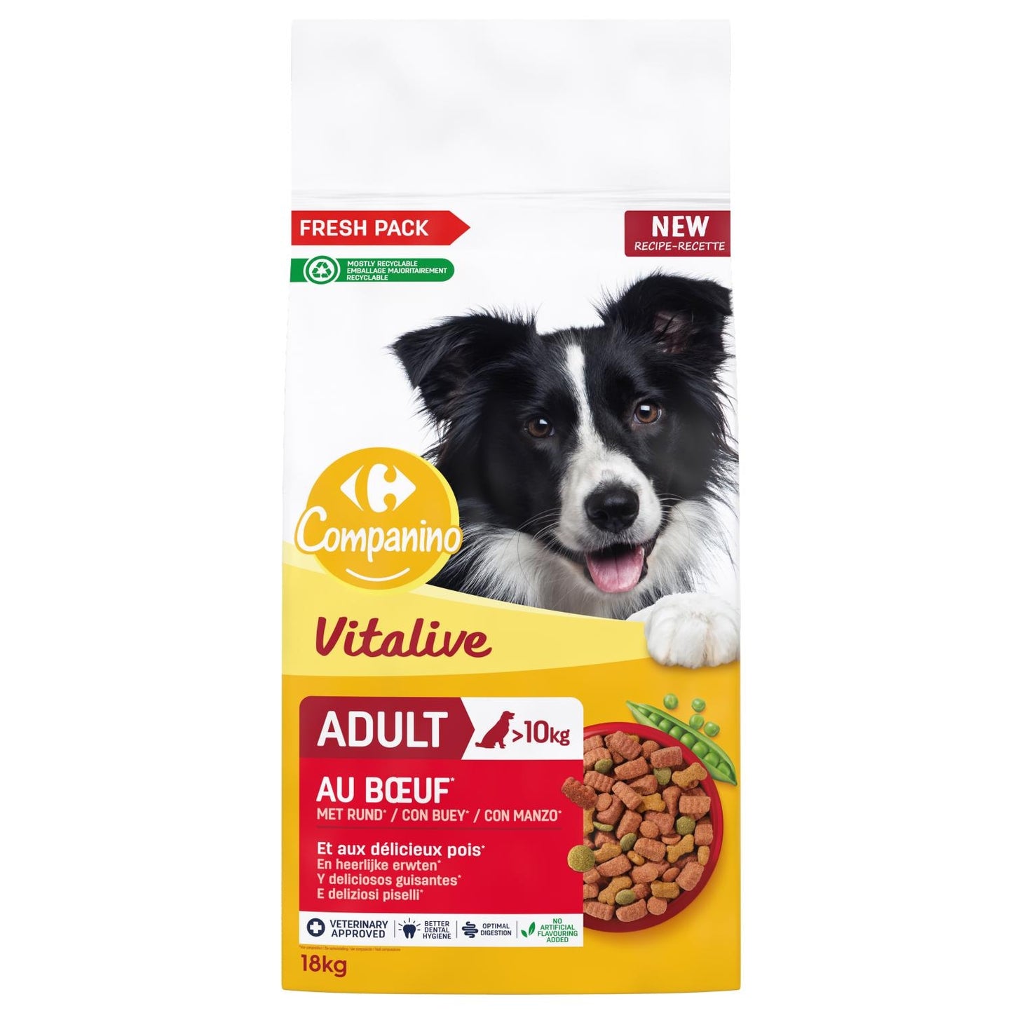 Croquettes pour chiens adultes de plus de 10kg au bœuf et aux pois Pour Chien Adulte Grand +25kg Boeuf Volaille COMPANINO 