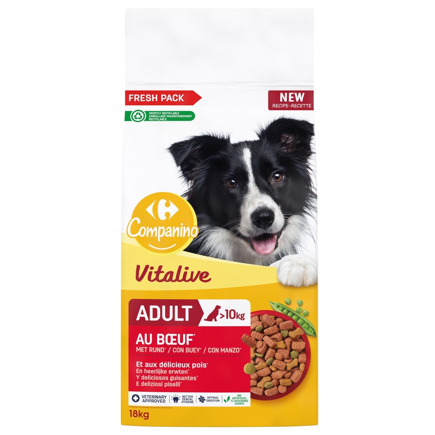 Croquettes pour chiens adultes de plus de 10kg au bœuf et aux pois Pour Chien Adulte Grand +25kg Boeuf Volaille COMPANINO 