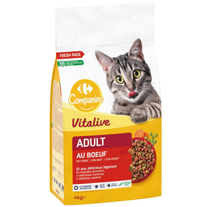 Croquettes pour chat adulte au bœuf et aux légumes Pour Chat Adulte Boeuf Foie Carotte Pois Vitalive COMPANINO 