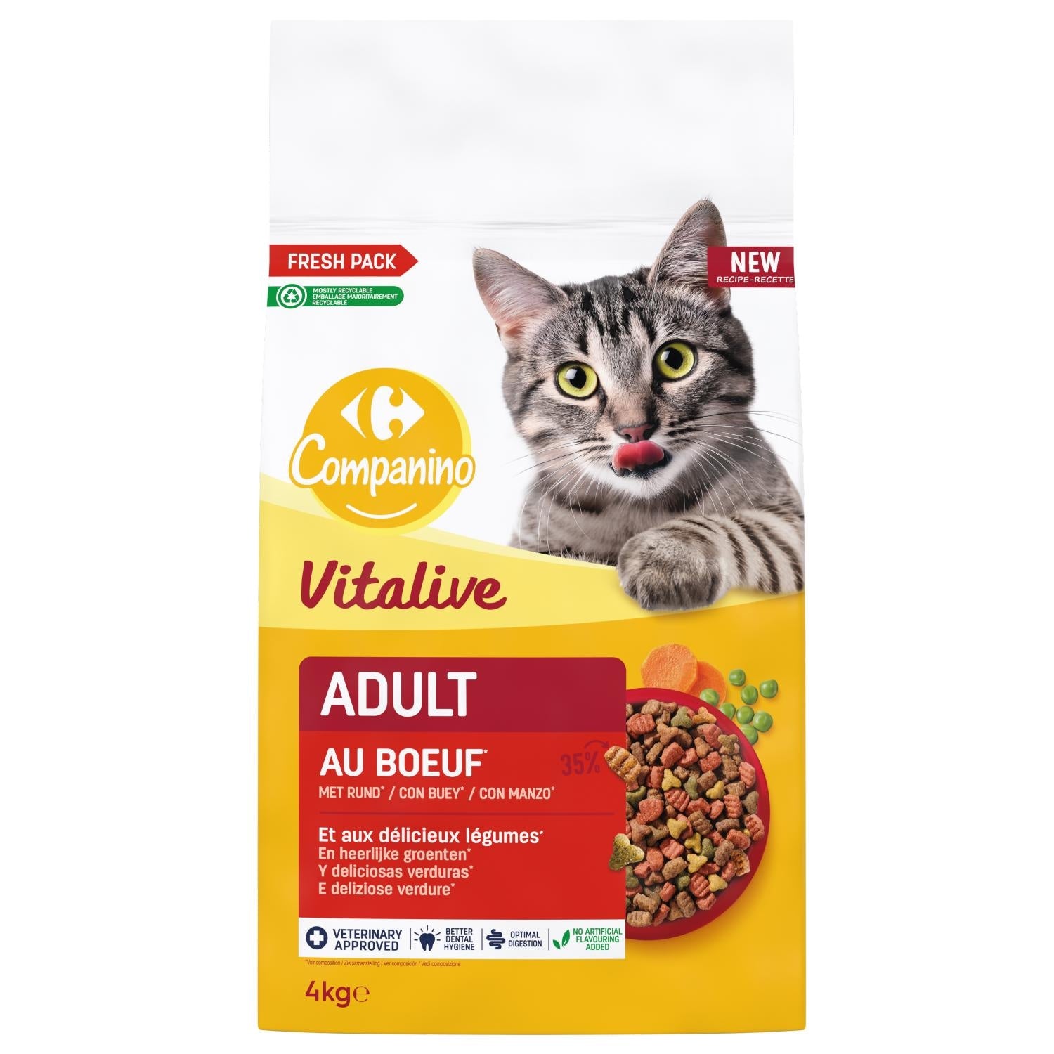Croquettes pour chat adulte au bœuf et aux légumes Pour Chat Adulte Boeuf Foie Carotte Pois Vitalive COMPANINO 