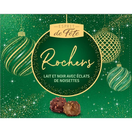 Assortiment de Chocolats Rochers Noirs et Laits avec Eclats de Noisettes ESPRIT DE FETE - Gamme de Noël 2025 la boîte de 212 g