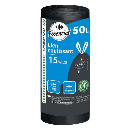 Sac poubelle à lien coulissant 50L ESSENTIAL 