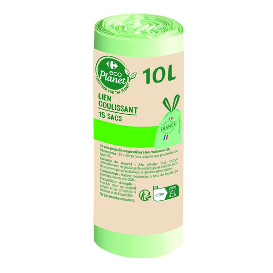 Sac poubelle compostables à lien coulissant 10L ECOPLANET 