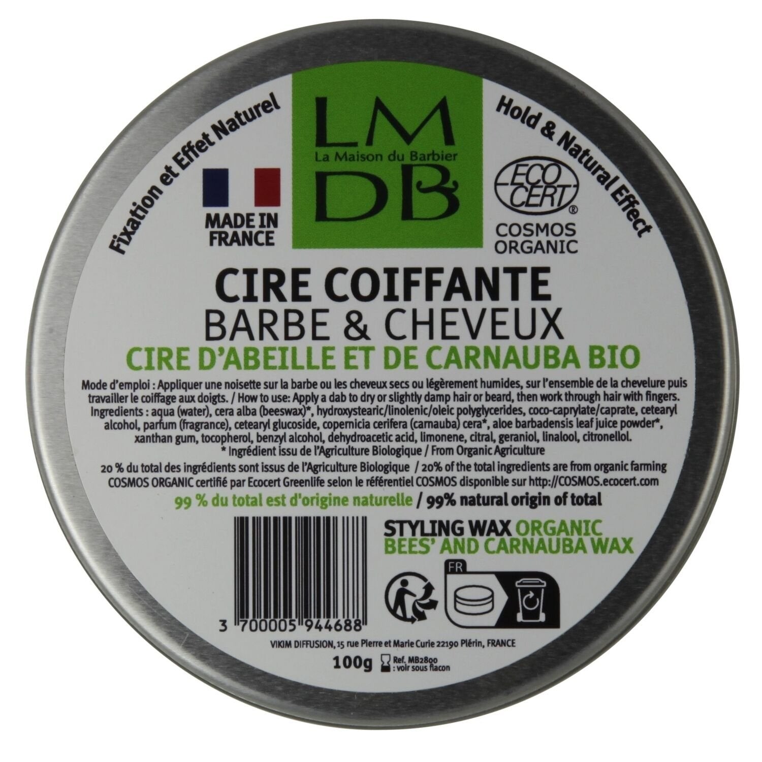 Cire Coiffante Barbe Cheveux Bio Cosmos Organic LA MAISON DU BARBIER le pot de 100g