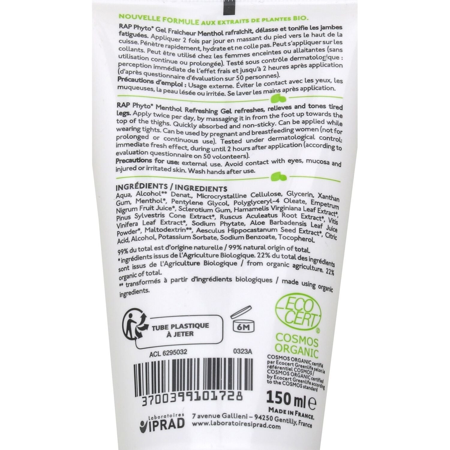Gel Jambes Légères Fraîcheur Menthol RAP PHYTO 