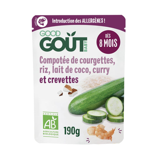 Plat Bébé Dès 8 Mois Compotée de Courgette, Riz, Lait de Coco, Curry et C Bio GOOD GOUT le sachet de 190g
