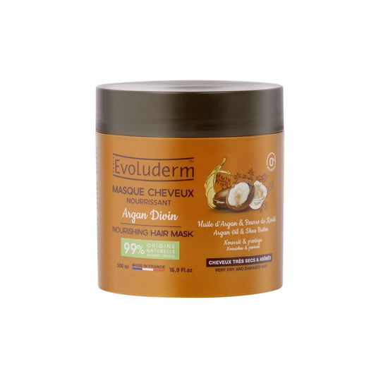 Masque Nourrissant Cheveux Très Secs et Abîmés Argan Karité EVOLUDERM le pot de 500mL