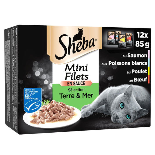 Pâtée pour Chat Adulte Mini Filets en Sauce Poulet Boeuf Poissons Blancs Saumon SHEBA Les 12 sachets de 85g